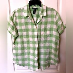 Lauren Ralph Lauren Check Plaid Green/White Linen Button Down Shirt Large